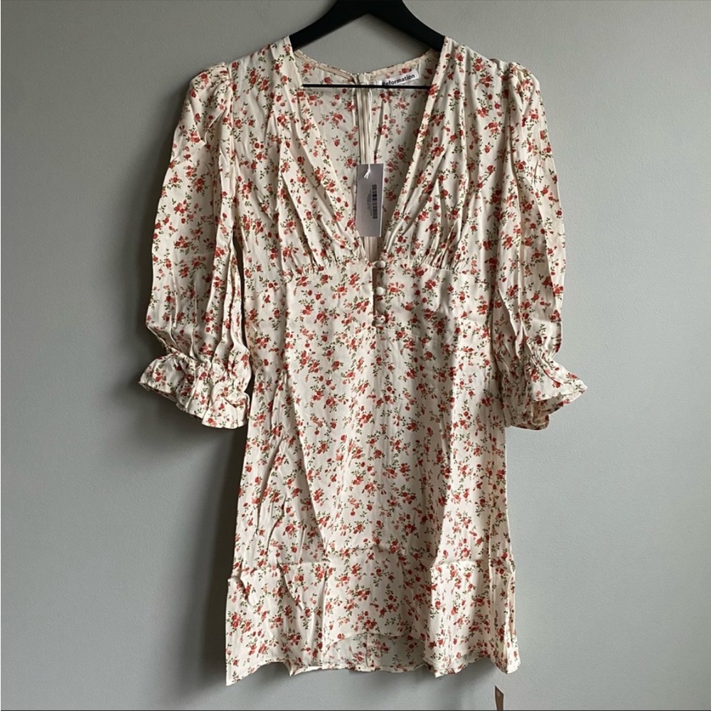 Reformation Cream Floral Mini Dress with Red Blossom Print - Picture 3 of 8